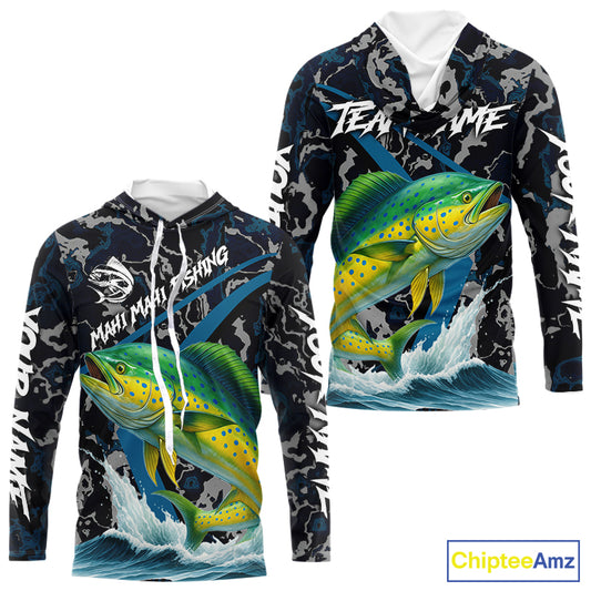 Custom Mahi Mahi Fishing Camo Long Sleeve Fishing Shirts, Personalized Mahi Mahi Fishing Team Jersey NQS10843
