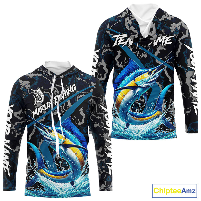 Custom Marlin Fishing Camo Long Sleeve Fishing Shirts, Personalized Marlin Fishing Team Jersey NQS10844