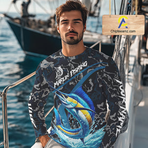 Custom Marlin Fishing Camo Long Sleeve Fishing Shirts, Personalized Marlin Fishing Team Jersey NQS10844