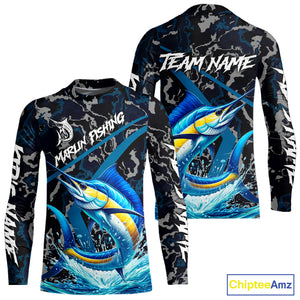 Custom Marlin Fishing Camo Long Sleeve Fishing Shirts, Personalized Marlin Fishing Team Jersey NQS10844