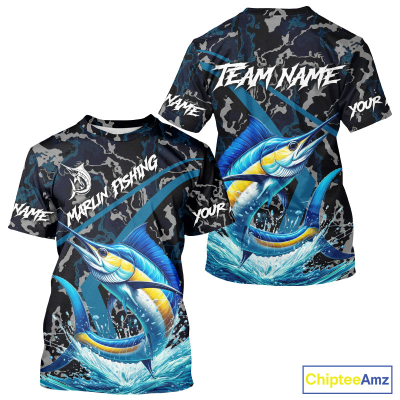 Custom Marlin Fishing Camo Long Sleeve Fishing Shirts, Personalized Marlin Fishing Team Jersey NQS10844