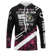 Load image into Gallery viewer, Move over boys let this girl show you how to fish Bass fishing pink camo custom name fishing shirts NQS4294