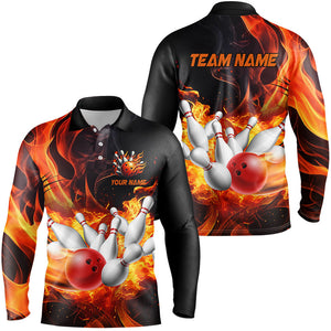 Black And Orange Flame Custom Bowling Shirts For Men, Flame Bowling League Shirts Outfits NQS8895