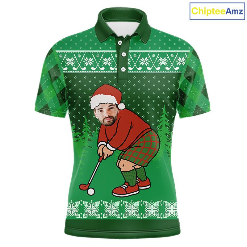 Personalized Funny Face Christmas Golf Green argyle Santa Golfer Ugly matching golf polos for couples NQS11021