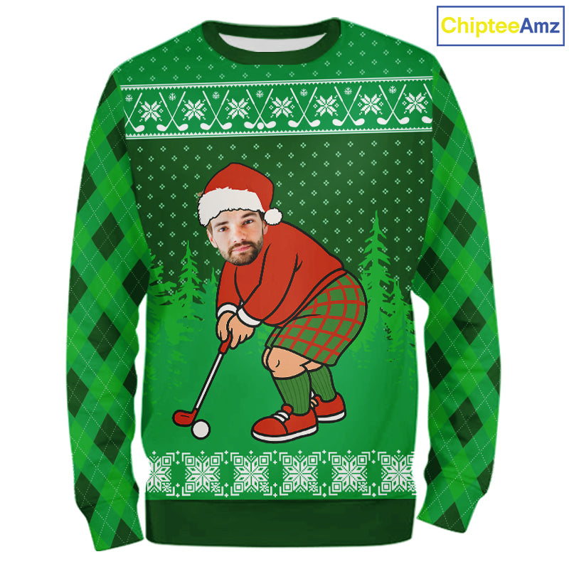 Personalized Funny Face Christmas Golf Green argyle pattern Custom Funny Santa Golfer Ugly Sweatshirt NQS11021