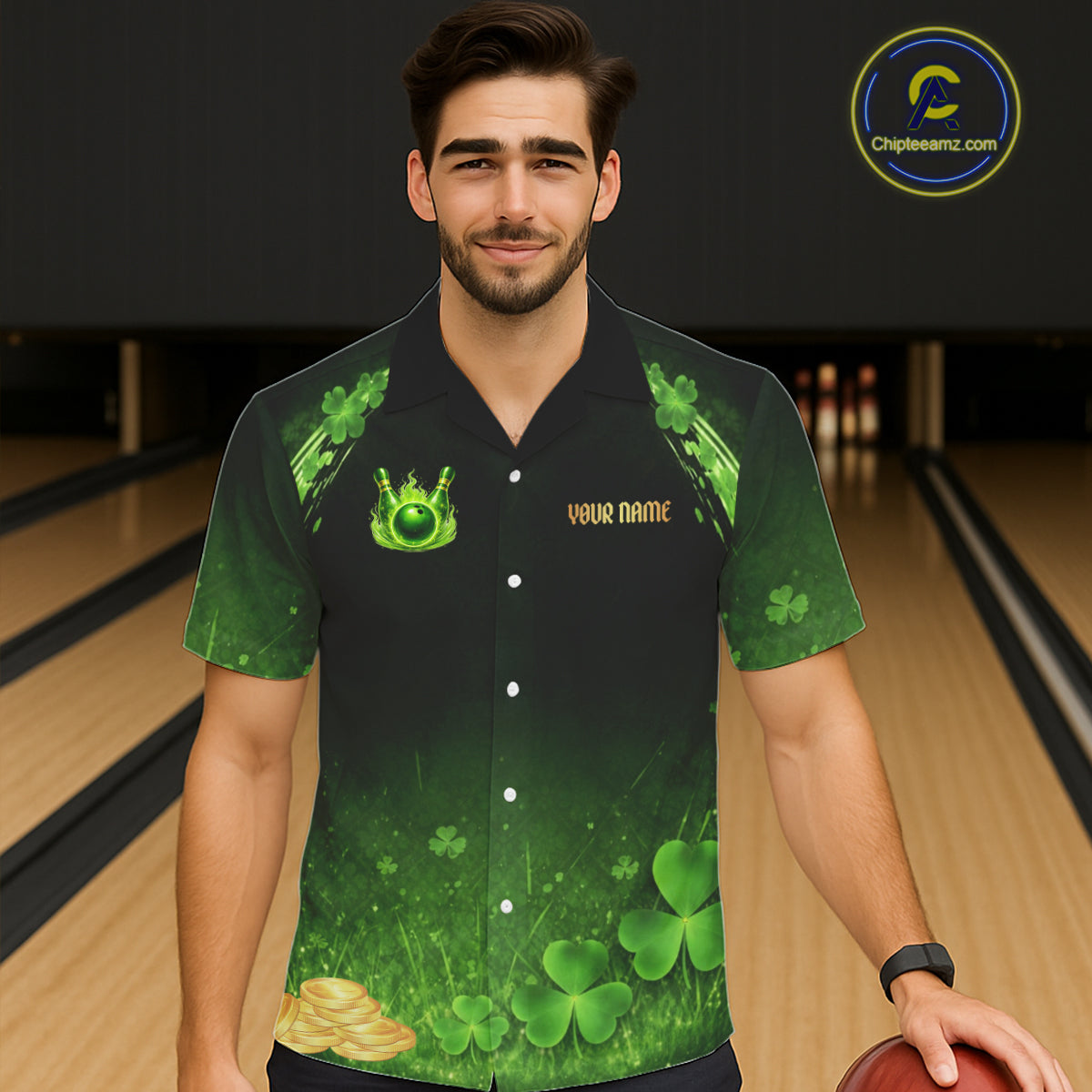 Green flame shamrock St Patrick's Day button-up bowling shirts custom team bowling league jerseys NQS11412