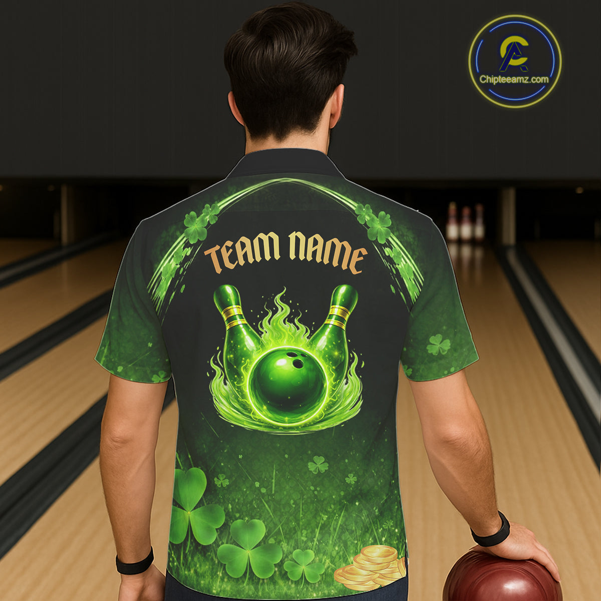 Green flame shamrock St Patrick's Day button-up bowling shirts custom team bowling league jerseys NQS11412
