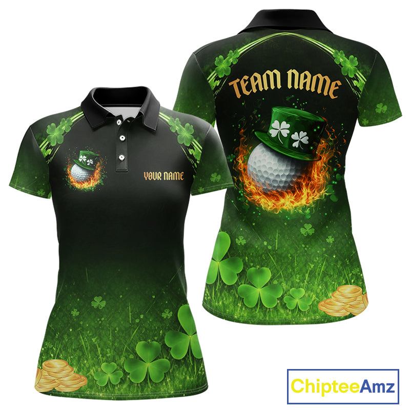 Flame golf ball green shamrock St Patrick's Day Women Golf Polo Shirt Custom lucky ladies golf attire NQS11413
