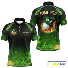 Load image into Gallery viewer, Flame golf ball green shamrock St Patrick's Day Men Golf Polo Shirts Custom lucky golf attire for men NQS11413