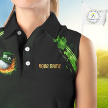 Load image into Gallery viewer, Flame golf ball green shamrock St Patrick's Day ladies sleeveless golf tops Custom lucky golf attire NQS11413