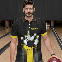 Load image into Gallery viewer, Black and Yellow Bowling Polo, Quarter Zip Shirt For Men Custom Team Mens Bowling Jersey NQS9652