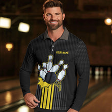 Load image into Gallery viewer, Black and Yellow Bowling Polo, Quarter Zip Shirt For Men Custom Team Mens Bowling Jersey NQS9652