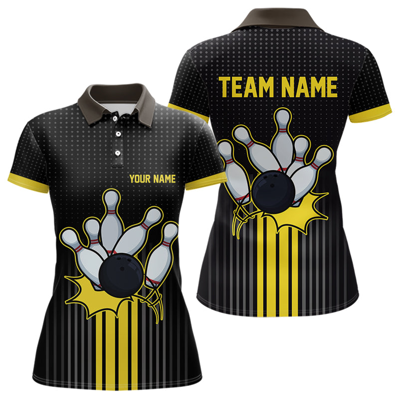 Black and Yellow Bowling Polo, Quarter Zip Shirt For Women Custom Team Ladies Bowling Jersey NQS9652