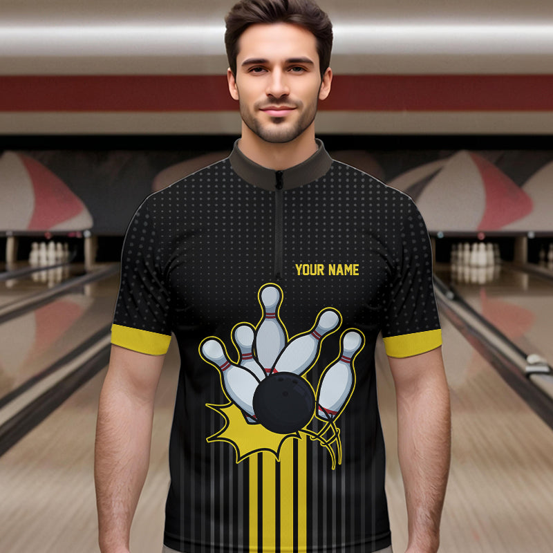 Black and Yellow Bowling Polo, Quarter Zip Shirt For Men Custom Team Mens Bowling Jersey NQS9652