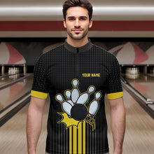 Load image into Gallery viewer, Black and Yellow Bowling Polo, Quarter Zip Shirt For Men Custom Team Mens Bowling Jersey NQS9652