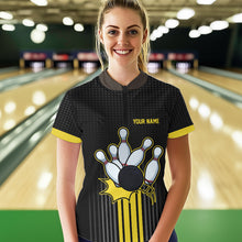 Load image into Gallery viewer, Black and Yellow Bowling Polo, Quarter Zip Shirt For Women Custom Team Ladies Bowling Jersey NQS9652