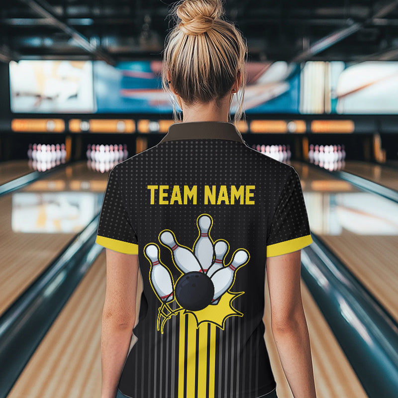 Black and Yellow Bowling Polo, Quarter Zip Shirt For Women Custom Team Ladies Bowling Jersey NQS9652