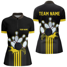 Load image into Gallery viewer, Black and Yellow Bowling Polo, Quarter Zip Shirt For Women Custom Team Ladies Bowling Jersey NQS9652
