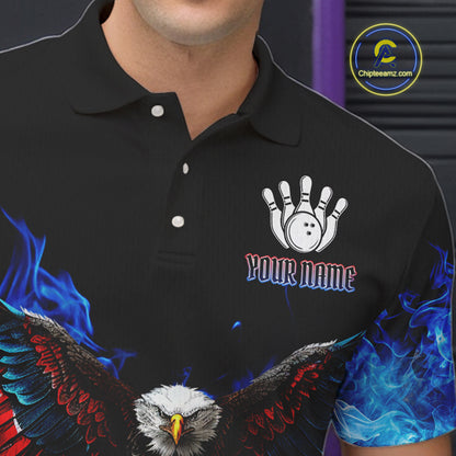 Blue Flame Smoke American Flag Eagle Skull Mens Bowling Shirts Custom Patriotic Bowling Team Jersey NQS9659