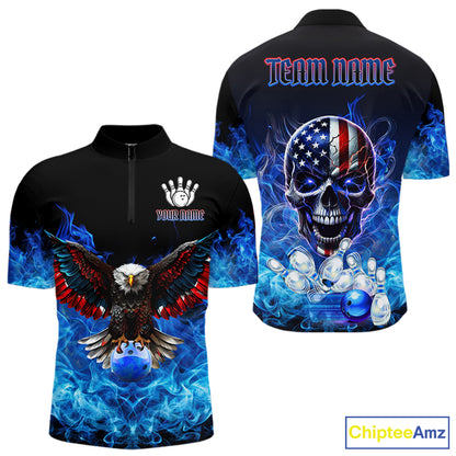 Blue Flame Smoke American Flag Eagle Skull Mens Bowling Shirts Custom Patriotic Bowling Team Jersey NQS9659