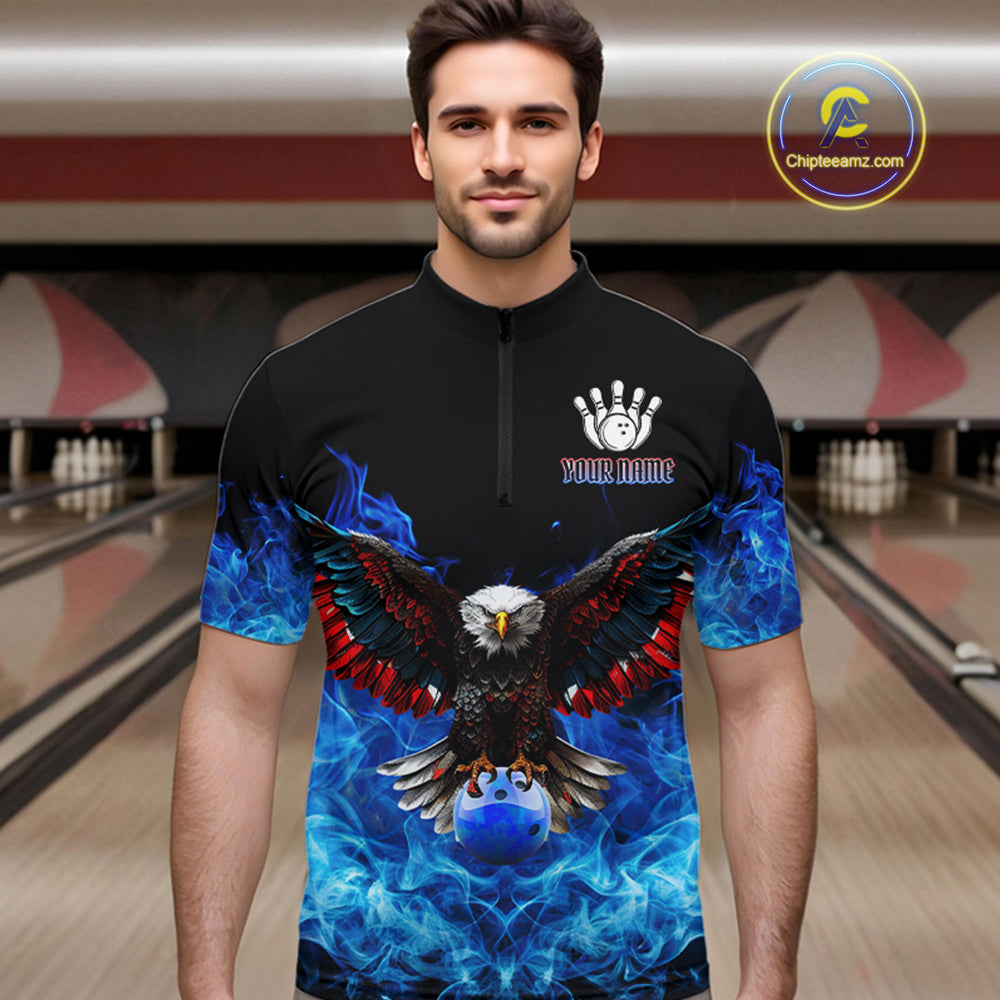 Blue Flame Smoke American Flag Eagle Skull Mens Bowling Shirts Custom Patriotic Bowling Team Jersey NQS9659