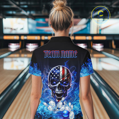 Blue Flame Smoke American Flag Eagle Skull Women Bowling Shirts Custom Patriotic Bowling Team Jersey NQS9659
