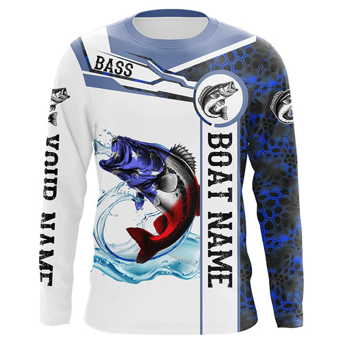 Bass Fishing blue camo American Flag Custom name & boat name performance Long Sleeve Fishing Shirts NQS5190