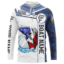 Load image into Gallery viewer, Redfish Fishing blue camo American Flag Custom name &amp; boat name performance Long Sleeve Fishing Shirts NQS5191