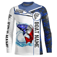 Load image into Gallery viewer, Redfish Fishing blue camo American Flag Custom name &amp; boat name performance Long Sleeve Fishing Shirts NQS5191