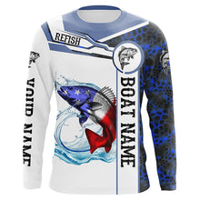 Load image into Gallery viewer, Redfish Fishing blue camo American Flag Custom name &amp; boat name performance Long Sleeve Fishing Shirts NQS5191