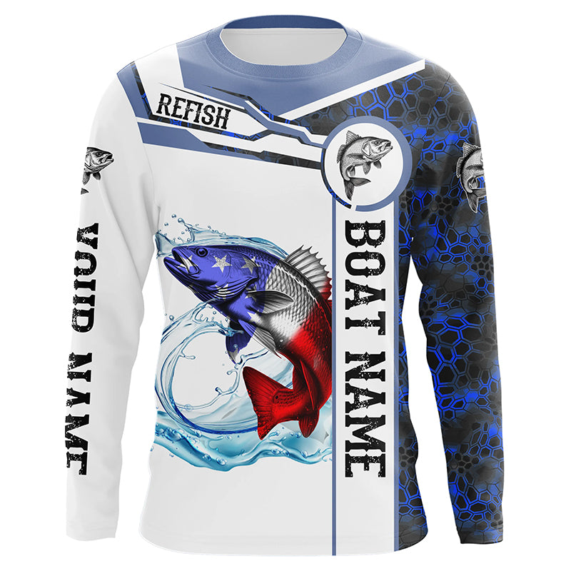 Redfish Fishing blue camo American Flag Custom name & boat name performance Long Sleeve Fishing Shirts NQS5191