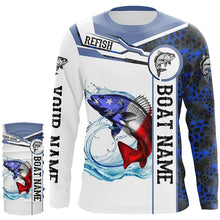 Load image into Gallery viewer, Redfish Fishing blue camo American Flag Custom name &amp; boat name performance Long Sleeve Fishing Shirts NQS5191