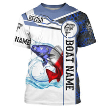 Load image into Gallery viewer, Redfish Fishing blue camo American Flag Custom name &amp; boat name performance Long Sleeve Fishing Shirts NQS5191