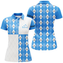 Load image into Gallery viewer, Golf addicted Womens golf polo shirts custom name blue and white golf ball clubs argyle plaid pattern NQS5437