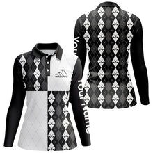 Load image into Gallery viewer, Golf addicted Womens golf polo shirts custom name black and white golf ball clubs argyle plaid pattern NQS5439