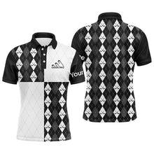 Load image into Gallery viewer, Golf addicted Mens golf polo shirts custom black and white golf ball clubs argyle plaid pattern golf NQS5439