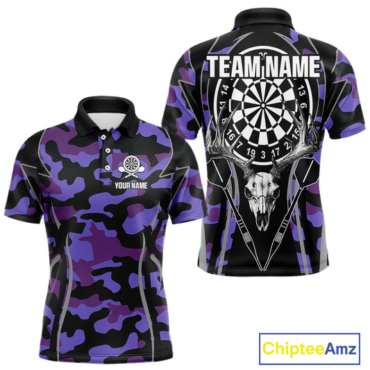 Deer Skull Darts Board Purple Camo Darts Polo, Quarter zip Shirts For Men Custom Team Darts Jersey NQS9935