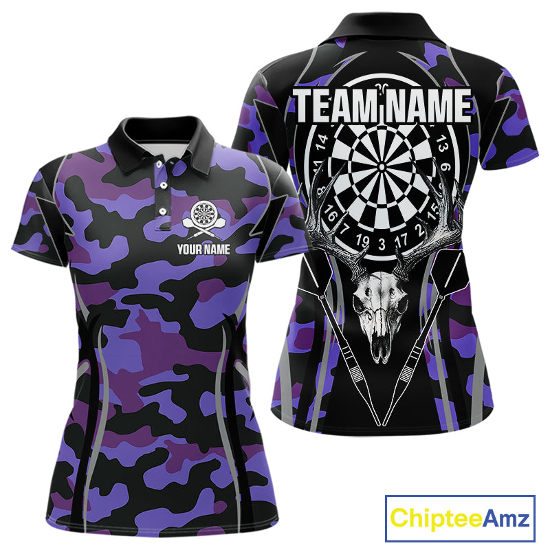 Deer Skull Darts Board Purple Camo Darts Polo, Quarter zip Shirts For Women Custom Team Darts Jersey NQS9935