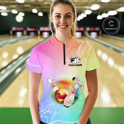 Gradient colorful rainbow lightning thunder storm Bowling Shirts for Women Custom Team Bowling jerseys NQS9941