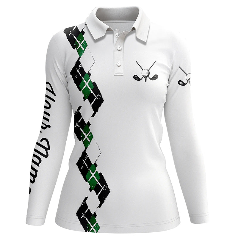 White Womens golf polo shirts custom name green and black plaid, best golf gifts for ladies NQS5686