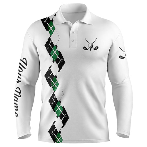 White Mens golf polo shirts custom name green and black plaid, best golf gifts for mens NQS5686