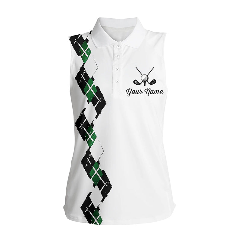 White Women sleeveless polo shirt custom name green and black plaid, best golf gifts for ladies NQS5686