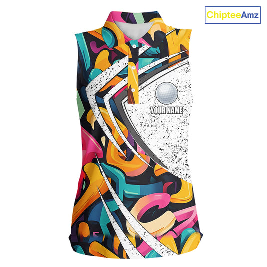Women sleeveless golf polo shirts colorful pattern custom team golf shirts, golf tops for ladies NQS10088