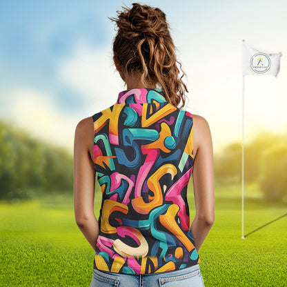 Women sleeveless golf polo shirts colorful pattern custom team golf shirts, golf tops for ladies NQS10088