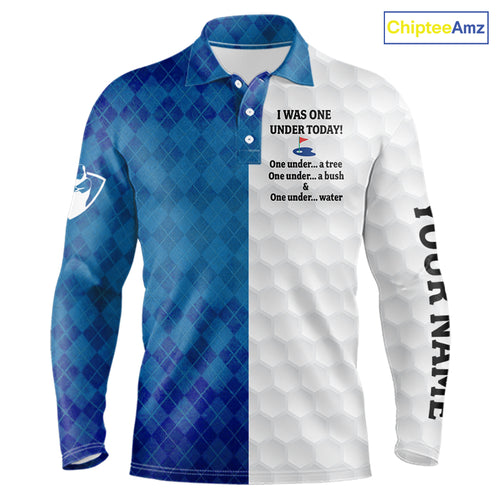 Blue argyle white Men golf polo shirt custom I was one under today one under a tree, a bush and water NQS10090