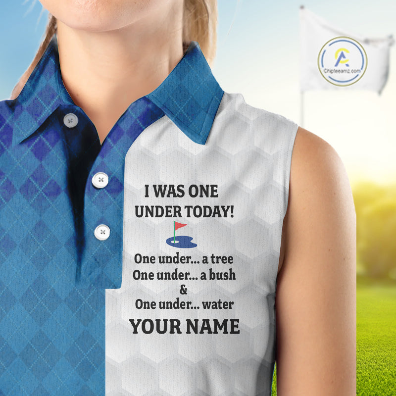 Blue white Womens Sleeveless polo shirt custom I was one under today one under a tree, a bush & water NQS10090