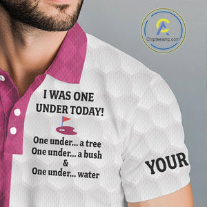 Pink argyle white Men golf polo shirt custom I was one under today one under a tree, a bush and water NQS10091