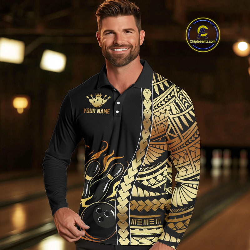 Custom Black And Gold Flame tribal pattern Bowling Team Polo, 1/4 Zip Shirts For Men, Bowling Jerseys NQS10093