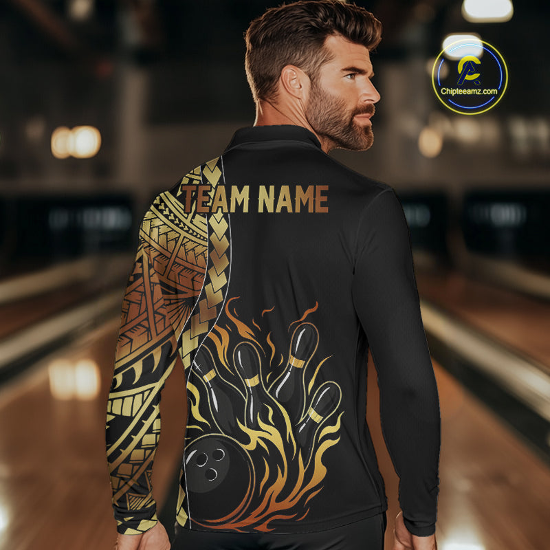 Custom Black And Gold Flame tribal pattern Bowling Team Polo, 1/4 Zip Shirts For Men, Bowling Jerseys NQS10093