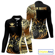 Load image into Gallery viewer, Custom Black And Gold Flame tribal pattern Bowling Team Polo, 1/4 Zip Shirt For Women, Bowling Jersey NQS10093
